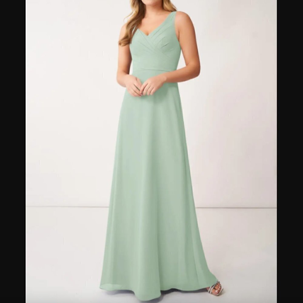 Azazie Nala A-Line Pleated Chiffon Dress in Agave‎ sz 8